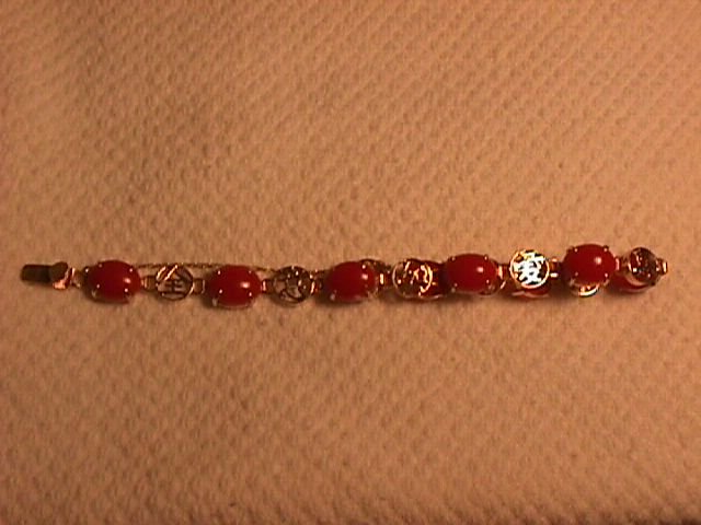 14K Solid Gold and Genuine Coral Asian Motif Bracelet