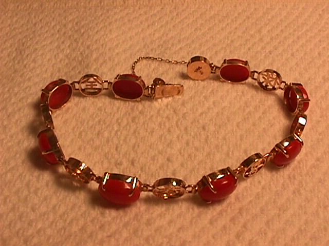 14K Solid Gold and Genuine Coral Asian Motif Bracelet