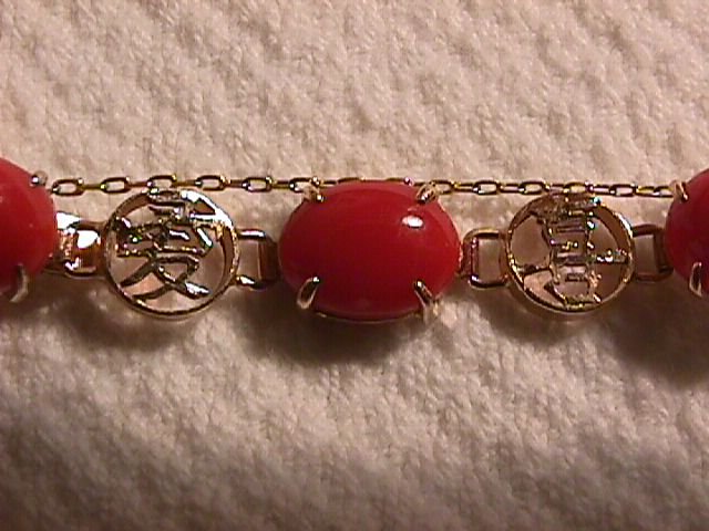 14K Solid Gold and Genuine Coral Asian Motif Bracelet