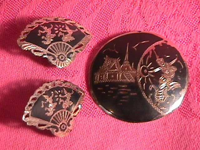 Sterling (Siam) Pin & Screw-Back Earrings