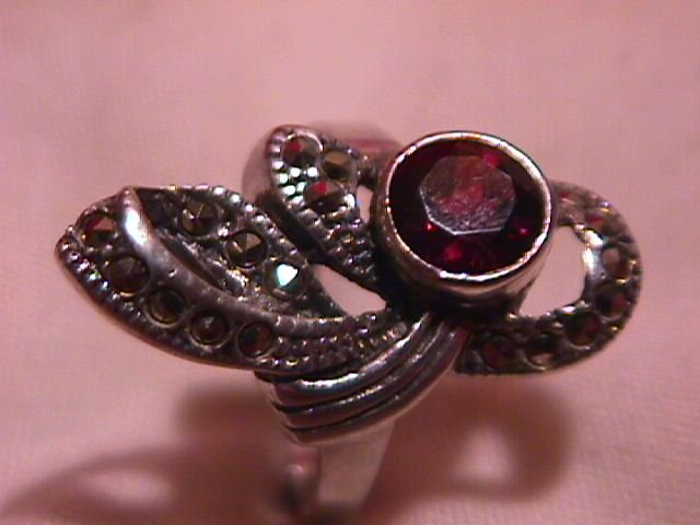Retro Sterling Garnet and Marcasite Ring