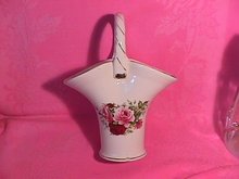 Porcelain Basket with Rose Bouquet and Gold Trim