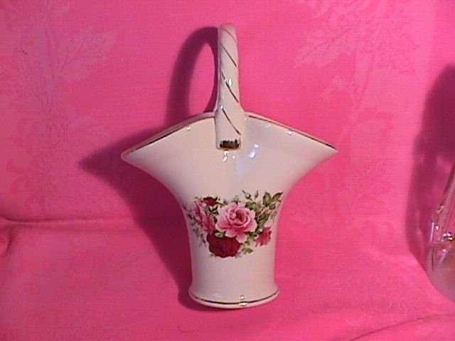 Porcelain Basket with Rose Bouquet and Gold Trim