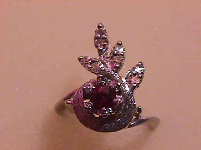 14k Solid White Gold=Diamond & Garnet Ladies Ring