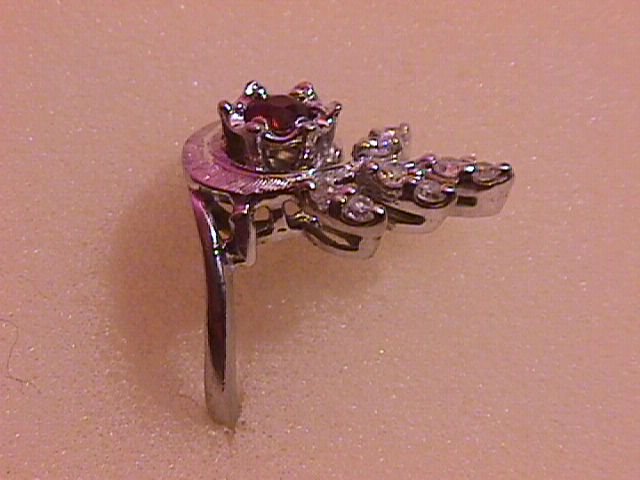 14k Solid White Gold=Diamond & Garnet Ladies Ring