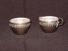Glass Creamer & Sugar in Metal Holders Made in England