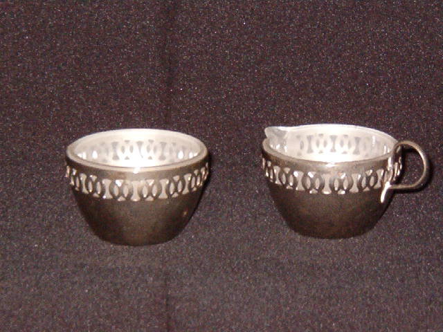 Glass Creamer & Sugar in Metal Holders Made in England