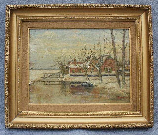 Antique Oil Painting Gold Frame Country Scene H. Bouvet