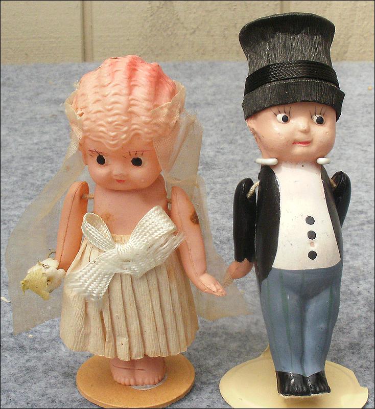Vintage 1930's Celluloid Dolls Bride and Groom Cake Toppers 4 ½