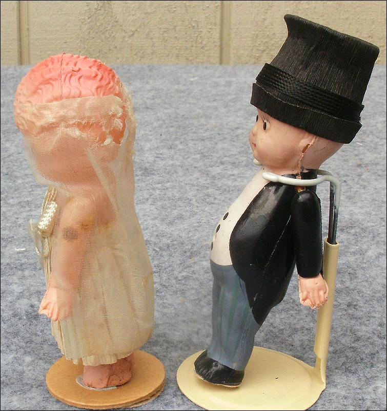 Vintage 1930's Celluloid Dolls Bride and Groom Cake Toppers 4 ½