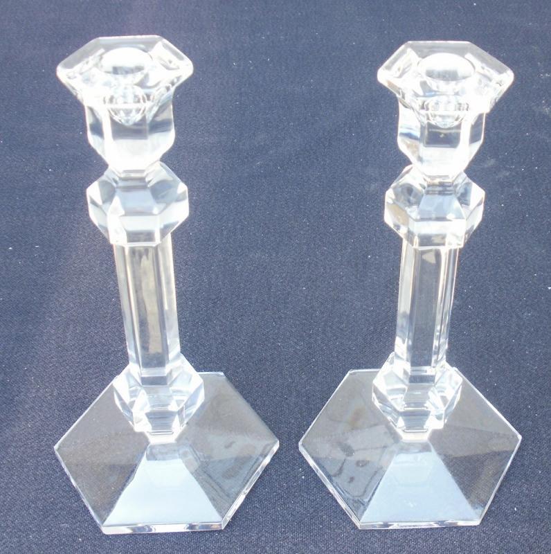 Vintage Signed Val St Lambert Pr of Gardenia Crystal Candlesticks 9 3/4