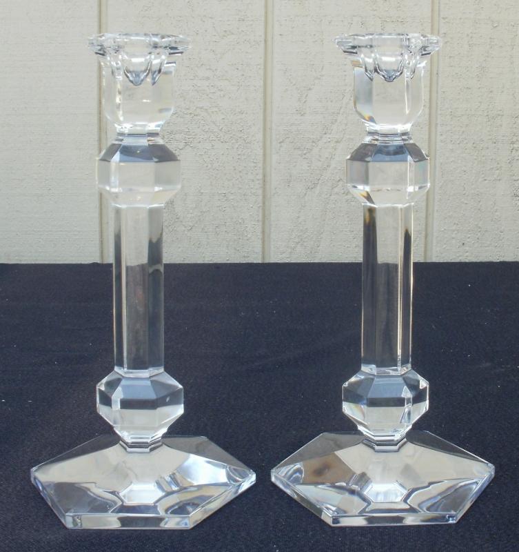 Vintage Signed Val St Lambert Pr of Gardenia Crystal Candlesticks 9 3/4
