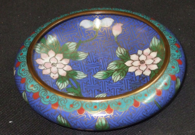 Antique Vintage Blue Cloisonne Bowl w/Flowers China