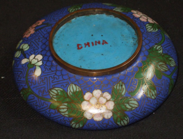 Antique Vintage Blue Cloisonne Bowl w/Flowers China