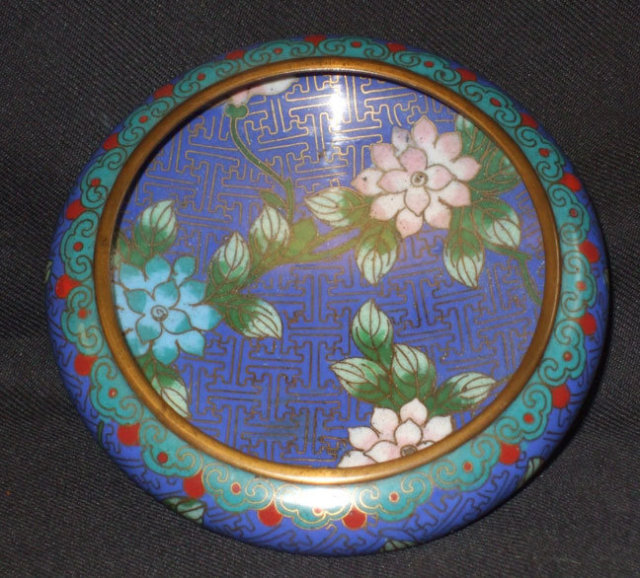 Antique Vintage Blue Cloisonne Bowl w/Flowers China