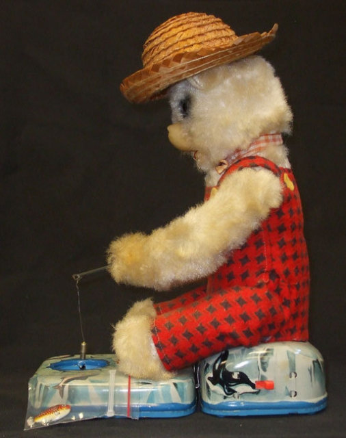 Vintage Bear Fishing Battery Operated Tin Toy Japan