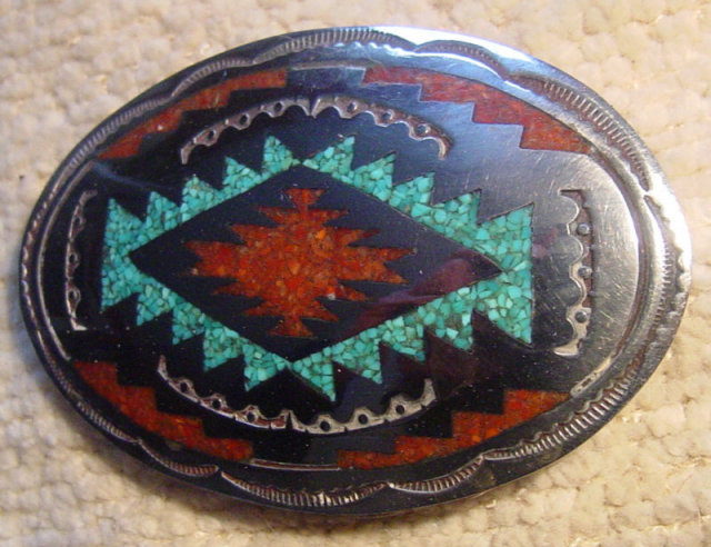 Signed Inlaid Silver Navajo Belt Buckle