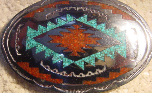 Signed Inlaid Silver Navajo Belt Buckle