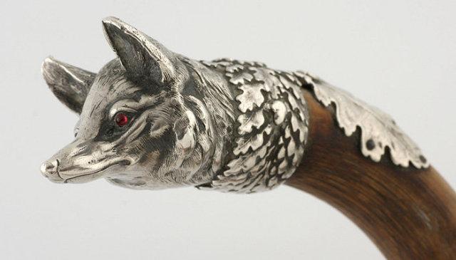 1880s WALKING STICK / ART NOUVEAU SILVER FOX HEAD / FRENCH CANE