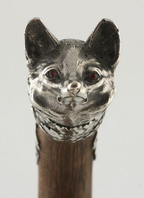 1880s WALKING STICK / ART NOUVEAU SILVER FOX HEAD / FRENCH CANE