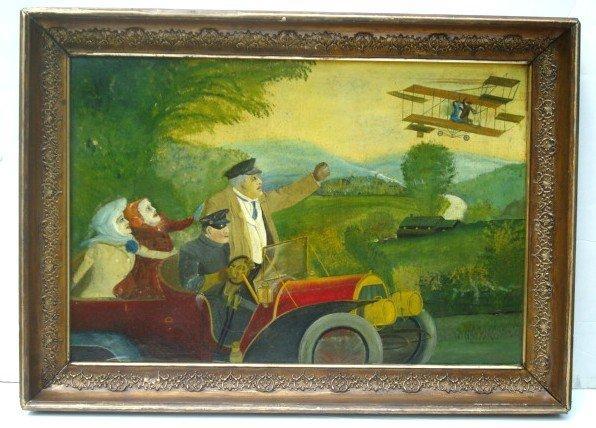 BIPLANE & CAR PAINTING/EARLY 20C QUIRKY FOLK ART O/B