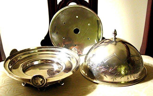 c.1860 MEDALLION BUTTER DISH /GORHAM COIN SILVER 3-PIECE