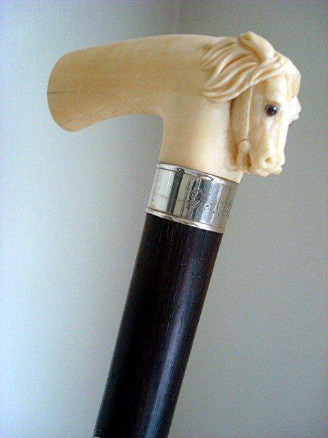 IVORY HORSE CANE/EARLY 1900s/ROSEWOOD & SILVER