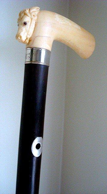 IVORY HORSE CANE/EARLY 1900s/ROSEWOOD & SILVER
