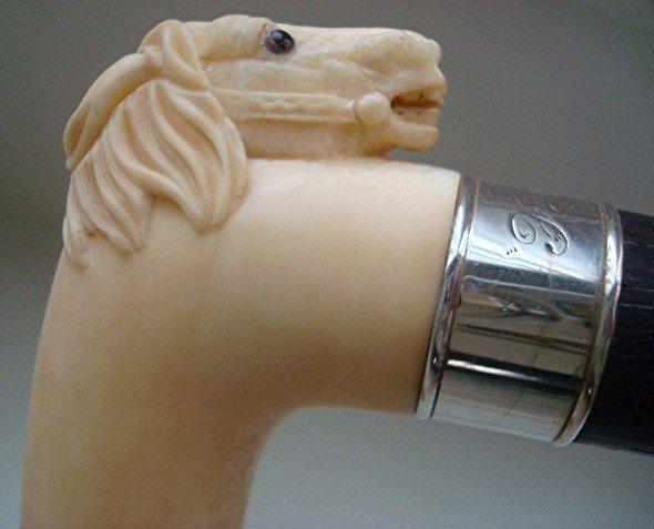 IVORY HORSE CANE/EARLY 1900s/ROSEWOOD & SILVER