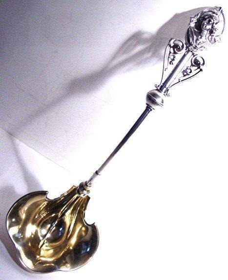 COIN SILVER MEDALLION LADLE/HUGE 15-1/2 IN./C. 1860-70 FIGURESQUE FEMALE