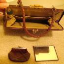 VINTAGE ALLIGATOR HANDBAG W/ SPINES, KELLY STYLE, CHANGE PURSE & MIRROR C.1950S