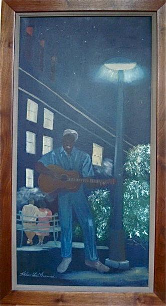 HELEN LAFRANCE PAINTING/MAN UNDER STREETLIGHT PLAYING GUITAR/PICTURED IN NEW FOLK ART BOOK