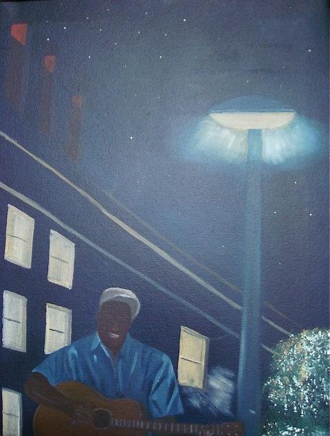 HELEN LAFRANCE PAINTING/MAN UNDER STREETLIGHT PLAYING GUITAR/PICTURED IN NEW FOLK ART BOOK