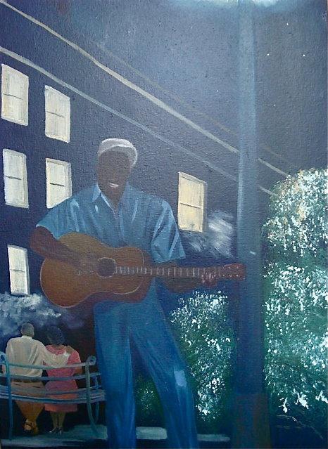 HELEN LAFRANCE PAINTING/MAN UNDER STREETLIGHT PLAYING GUITAR/PICTURED IN NEW FOLK ART BOOK