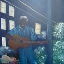 HELEN LAFRANCE PAINTING/MAN UNDER STREETLIGHT PLAYING GUITAR/PICTURED IN NEW FOLK ART BOOK
