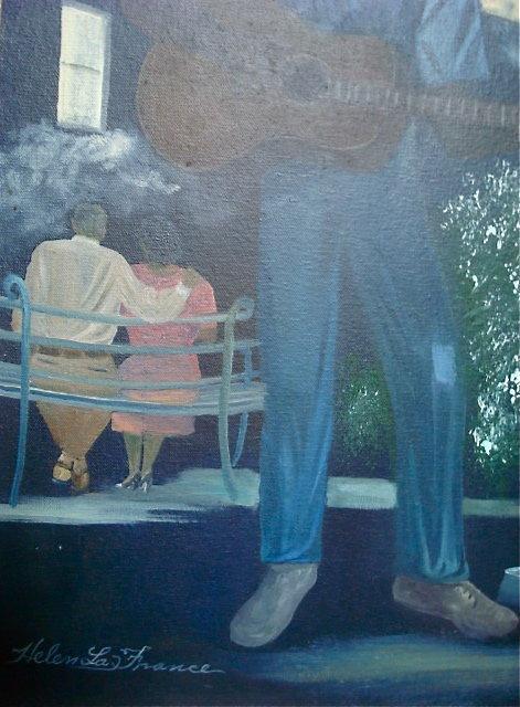 HELEN LAFRANCE PAINTING/MAN UNDER STREETLIGHT PLAYING GUITAR/PICTURED IN NEW FOLK ART BOOK
