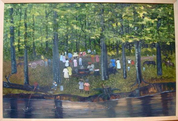 HELEN LAFRANCE PAINTING OF FAMILY REUNION 2 X 3'/IN KATHY MOSES' NEW BOOK ON FOLK ART