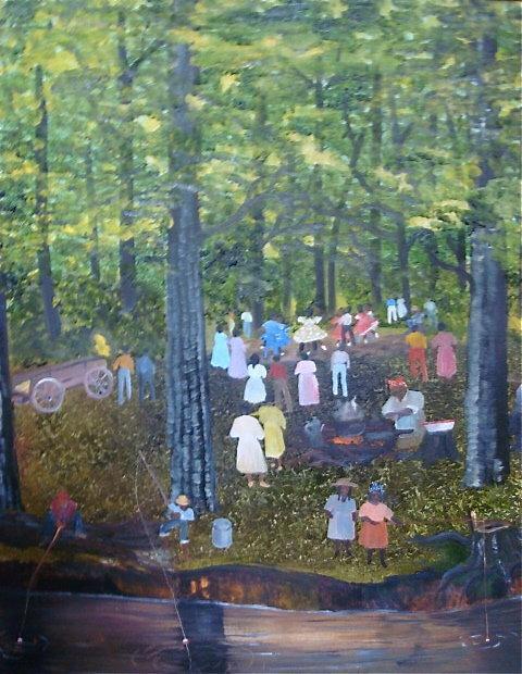 HELEN LAFRANCE PAINTING OF FAMILY REUNION 2 X 3'/IN KATHY MOSES' NEW BOOK ON FOLK ART