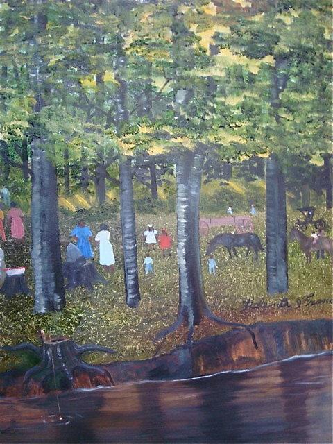 HELEN LAFRANCE PAINTING OF FAMILY REUNION 2 X 3'/IN KATHY MOSES' NEW BOOK ON FOLK ART