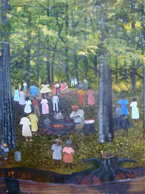 HELEN LAFRANCE PAINTING OF FAMILY REUNION 2 X 3'/IN KATHY MOSES' NEW BOOK ON FOLK ART