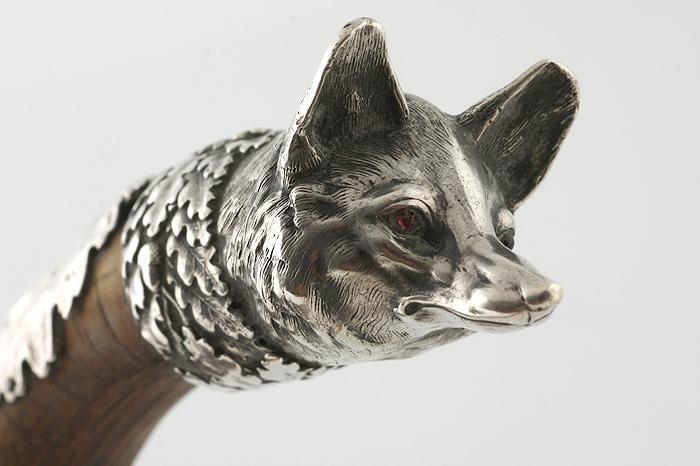 1880s WALKING STICK / ART NOUVEAU SILVER FOX HEAD / FRENCH CANE
