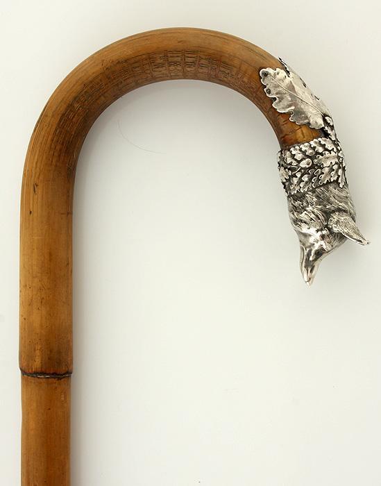 1880s WALKING STICK / ART NOUVEAU SILVER FOX HEAD / FRENCH CANE
