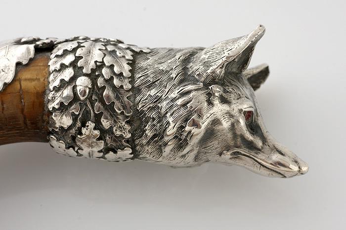 1880s WALKING STICK / ART NOUVEAU SILVER FOX HEAD / FRENCH CANE