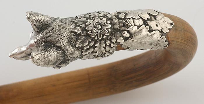 1880s WALKING STICK / ART NOUVEAU SILVER FOX HEAD / FRENCH CANE