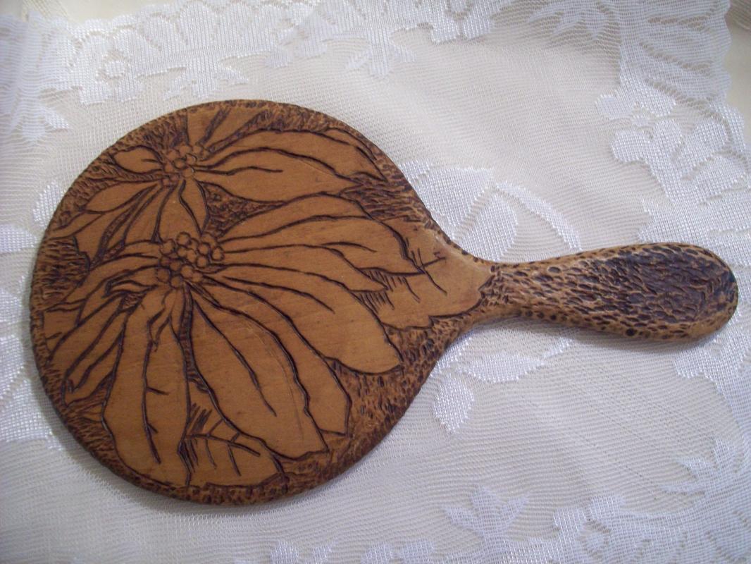 Pyrography Hand Mirror, deepy beveled glass