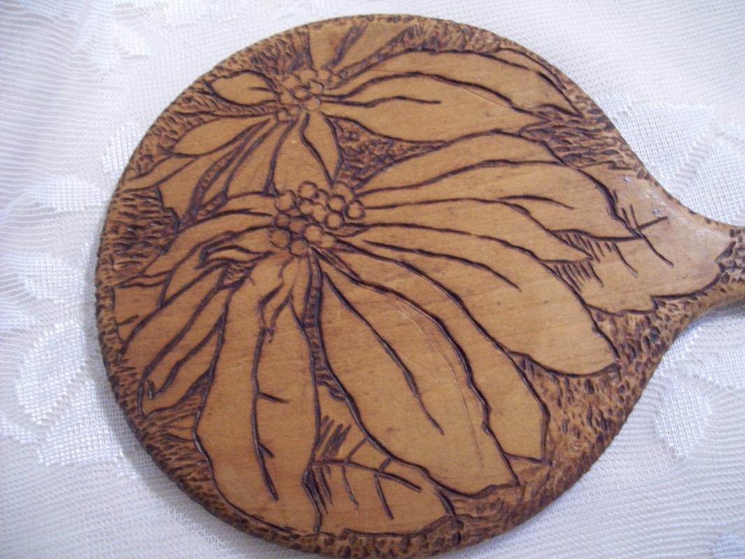 Pyrography Hand Mirror, deepy beveled glass