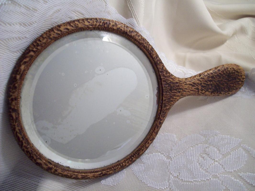 Pyrography Hand Mirror, deepy beveled glass