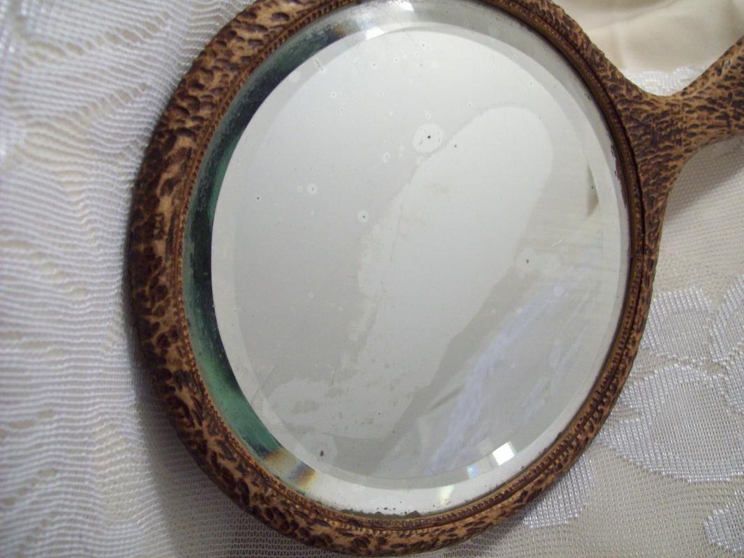 Pyrography Hand Mirror, deepy beveled glass