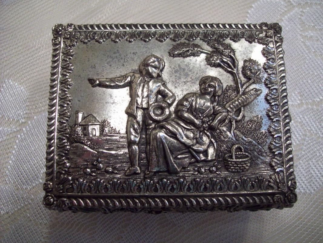 Silvertone Baroque Footed & Red Velvet lined Trinket Box