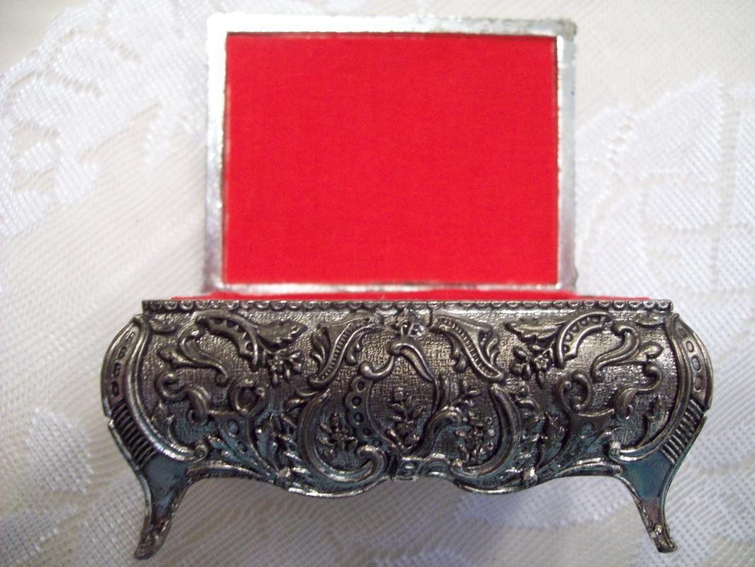 Silvertone Baroque Footed & Red Velvet lined Trinket Box